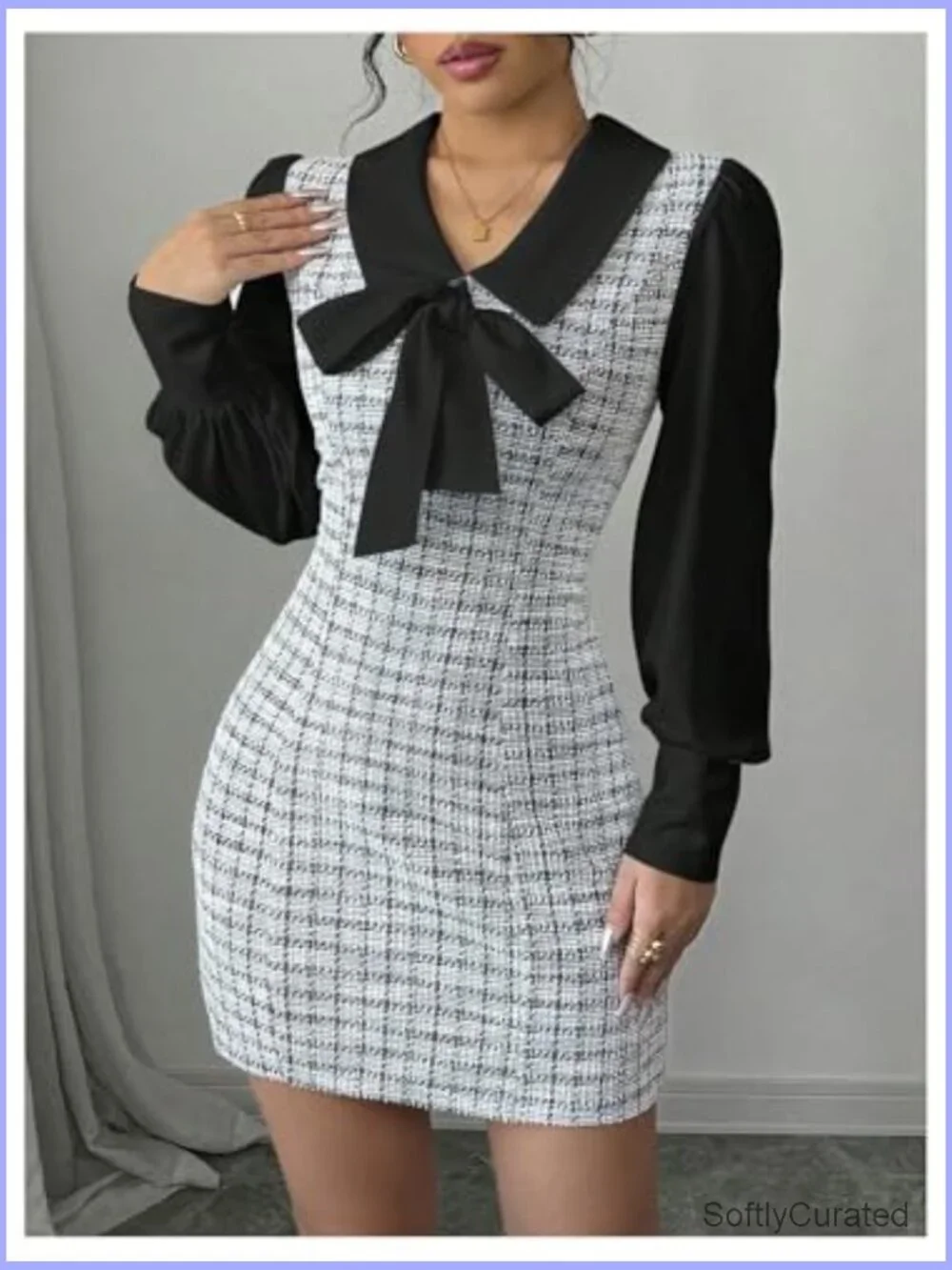 Elegant Plaid Tweed Dress Bow Front Lantern Long Sleeve 2 in 1 Mini - Picture 2 of 6